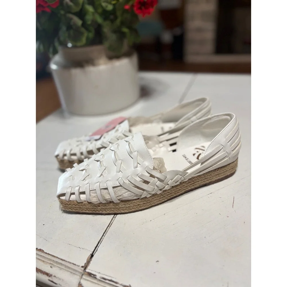 Sam & Libby Asha Espadrille Woven Fisherman Flats White Square Toe Womens 11 NEW